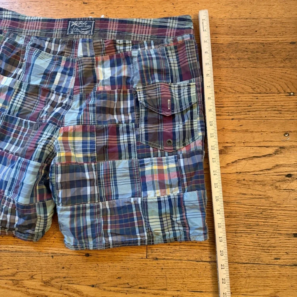 Polo Ralph Lauren Mens Patchwork Madras Plaid Swim Trunks Board Shorts Size 36
